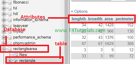 rectanglearea program in php database